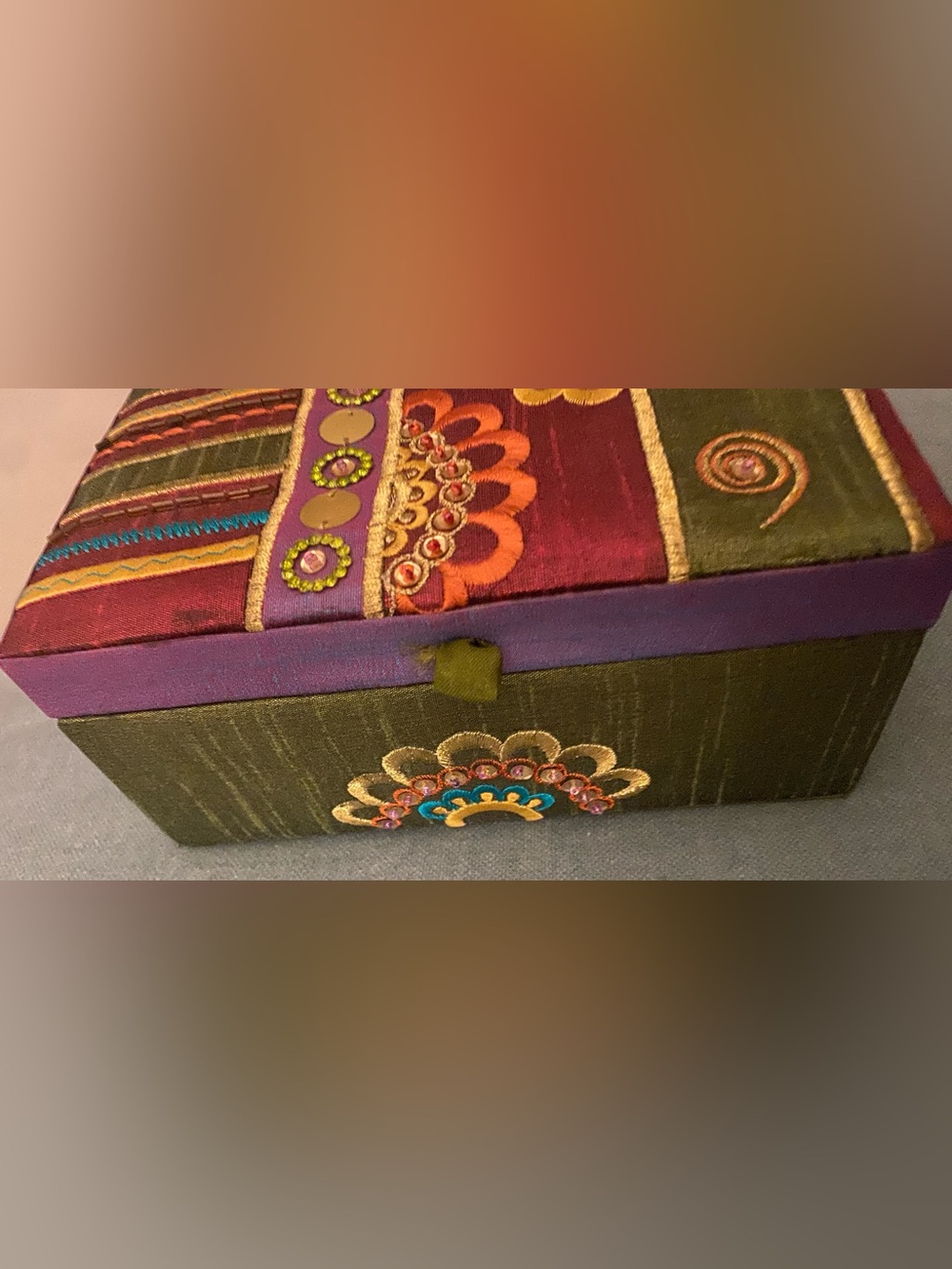 Vintage Purva Handmade Raw Silk Jewelry Box Embroidered Boho Vanity Case Mirror